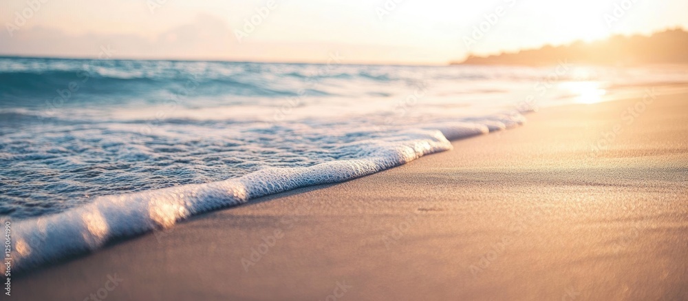 Poster sandy beach wave texture with golden sunset and gentle shoreline for serene natural background and d