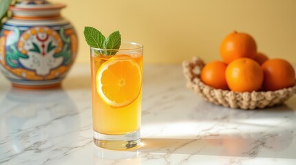 Naklejka premium Refreshing Algerian Kesra Syrup Drink with Citrus Garnish