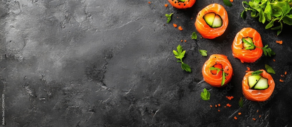 Aufkleber Savory salmon rolls with fresh cucumber and carrot on a dark stone background showcasing empty space for text or branding.