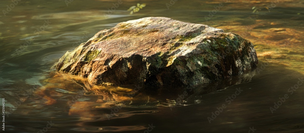 Poster rock emerging from murky water surrounded by gentle ripples and subtle reflections in a natural envi