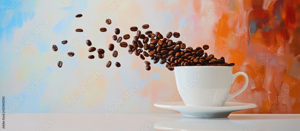 Poster roasted coffee beans cascading into a white cup on a saucer with a vibrant color background creating