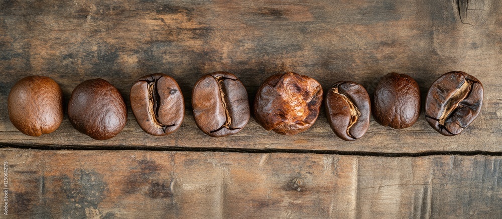 Poster roasted coffee beans arranged on a rustic wooden background for texture and design in food and bever