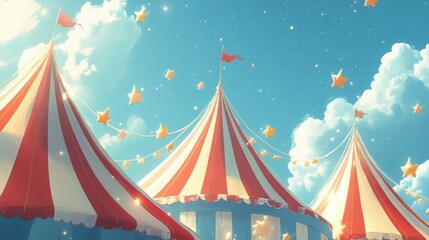 Obraz premium Red and white circus tents with a blue starry cover under a sunny sky.