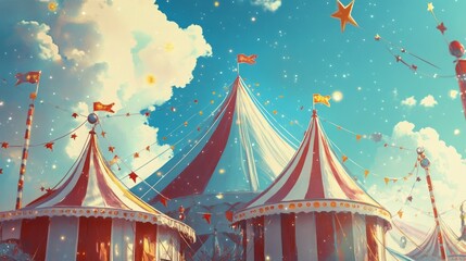 Red and white circus tents with a blue starry cover under a sunny sky.