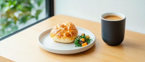 Minimalist Cafe Aesthetic Ceramic Plate with Fresh Pastry and Coffee on Wooden Table Social Media Content and Casual Dining Branding for Urban Coffeehouses