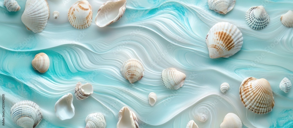 Poster beach-themed flat lay of sea shells on a light turquoise wave background perfect for summer vacation