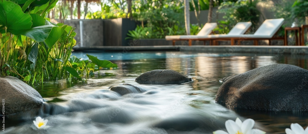 Aufkleber serene swimming pool surrounded by lush greenery and smooth stones with gentle ripples reflecting tr