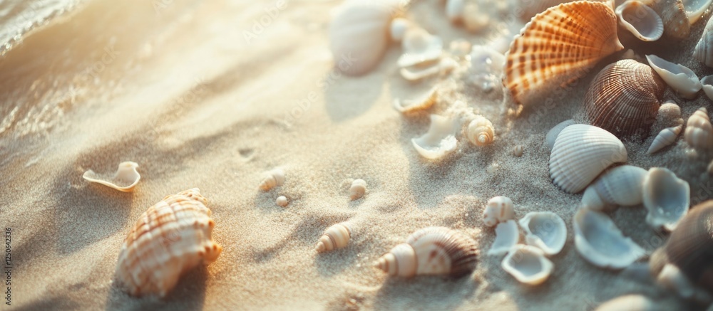 Poster seashells scattered on sandy beach surface captured from a top view showcasing natural textures and 