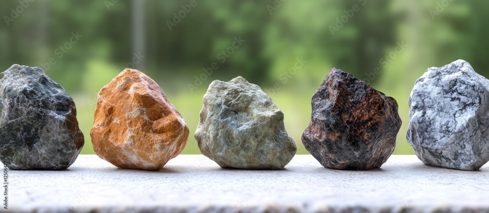 Aufkleber Diverse Natural Rocks Displayed on Surface with Blurred Greenery in Background Ideal for Geology and Nature Themes