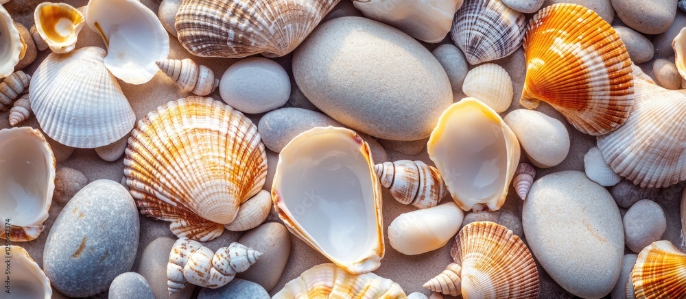 Poster Natural seashore background featuring a variety of colorful seashells and smooth pebbles arranged harmoniously on a textured surface