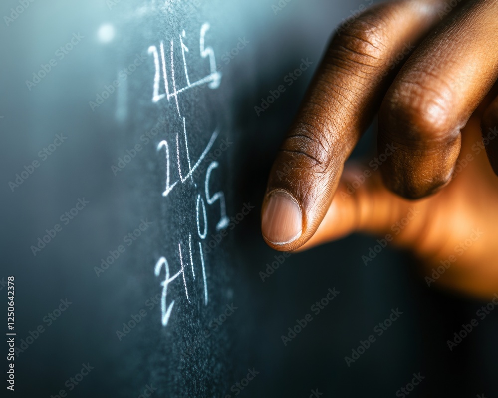 Aufkleber high-contrast learning teachers hand with silver ring writing math on chalkboard - sharp numerics fo