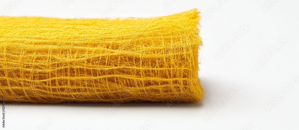 Poster coarse golden yellow cotton fabric roll showcasing chaotic thread fibers isolated on clean white bac