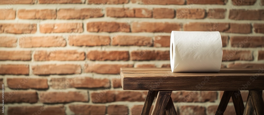 Poster artificial roll of toilet paper on wooden table with rustic brick wall background in a modern bright