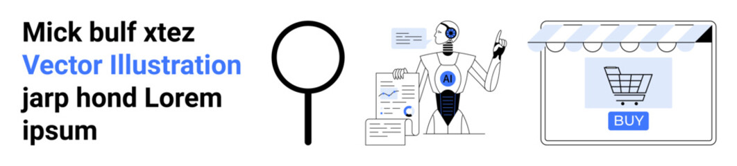 AI robot reviewing documents, magnifying glass for detail, online store interface with shopping cart. Ideal for technology, AI, automation, data analysis, e-commerce, innovation flat landing page