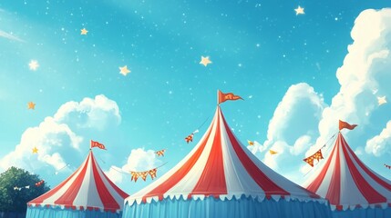 Fototapeta premium Red and white circus tents with a blue starry cover under a sunny sky.