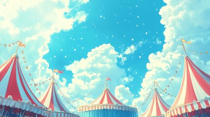 Fototapeta premium Red and white circus tents with a blue starry cover under a sunny sky.