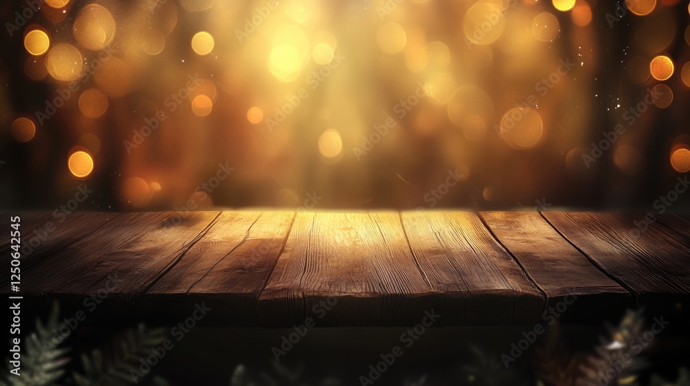Poster Rustic wooden table with shimmering bokeh lights creating a warm and inviting ambiance for festive or seasonal backgrounds