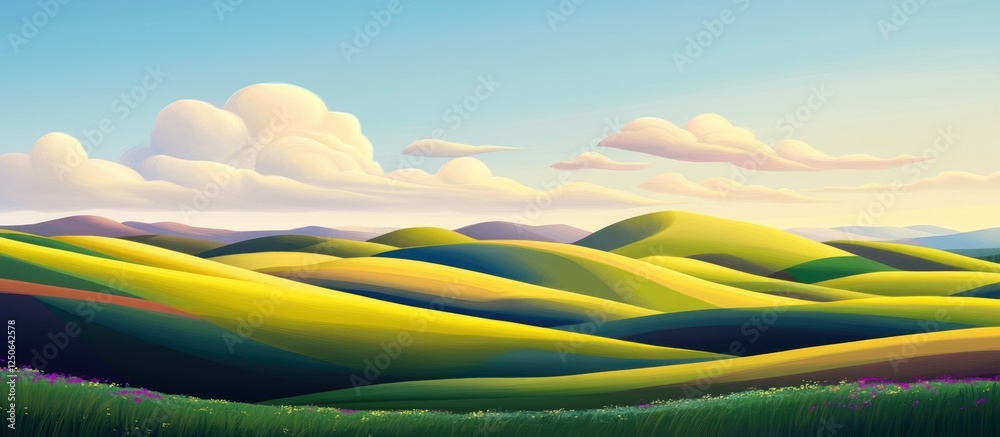 Poster Minimalistic landscape of rolling green wheat hills under a vibrant sky with soft clouds and gentle waves of color in the foreground.