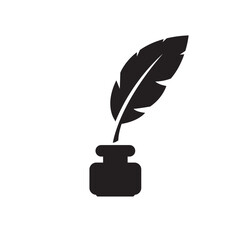 Quill icon with feather and ink bottle for classic writing representation