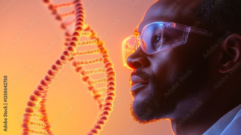 Aufkleber Futuristic Genetic Research Indian Scientist Examining DNA Helix with Transparent Tech in Dynamic Laboratory for Advanced Healthcare Innovation and Precision Medicine