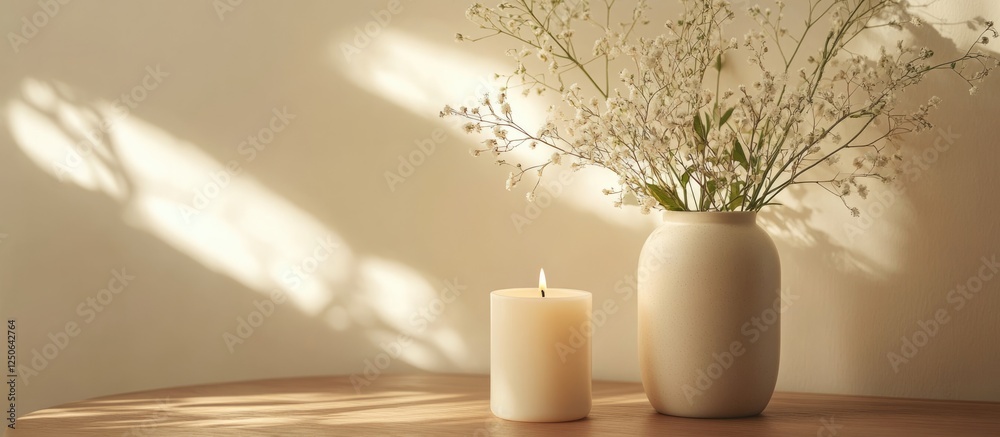 Poster aromatic candle and elegant vase with wildflowers on a wooden coffee table creating a serene and min