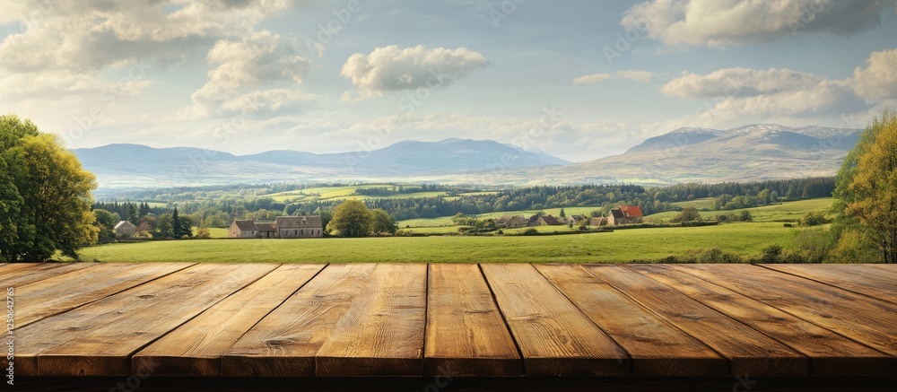 Poster Rustic wooden table foreground overlooking lush green pastures and distant mountains with ample space for text placement