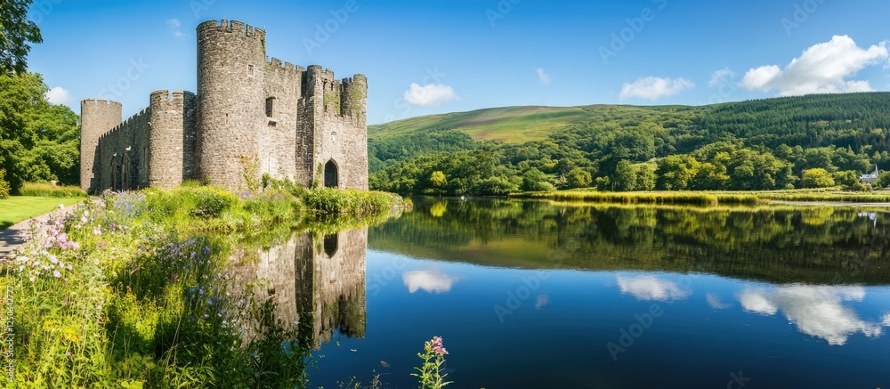 Aufkleber scenic view of a historic castle by a tranquil river reflecting lush greenery and blue skies in a pi