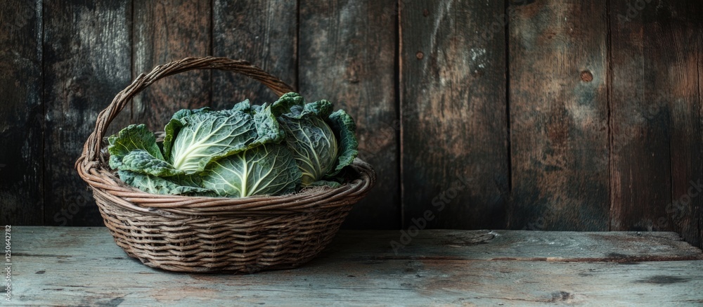Poster savoy cabbage in a rustic wicker basket on a textured wooden background showcasing natural colors an