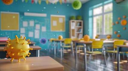 Clean and Hygienic Classroom Showing Germ Contamination on Desks and Books for Educational Awareness
