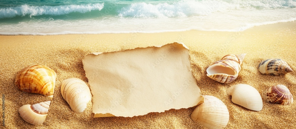 Poster seashells on sandy beach next to vintage paper creating a tranquil summer seaside atmosphere.