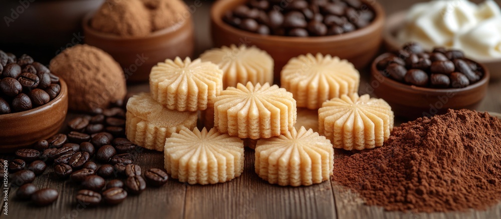 Aufkleber savoyardi cookies arranged beautifully with coffee beans and cocoa powder on a rustic wooden surface