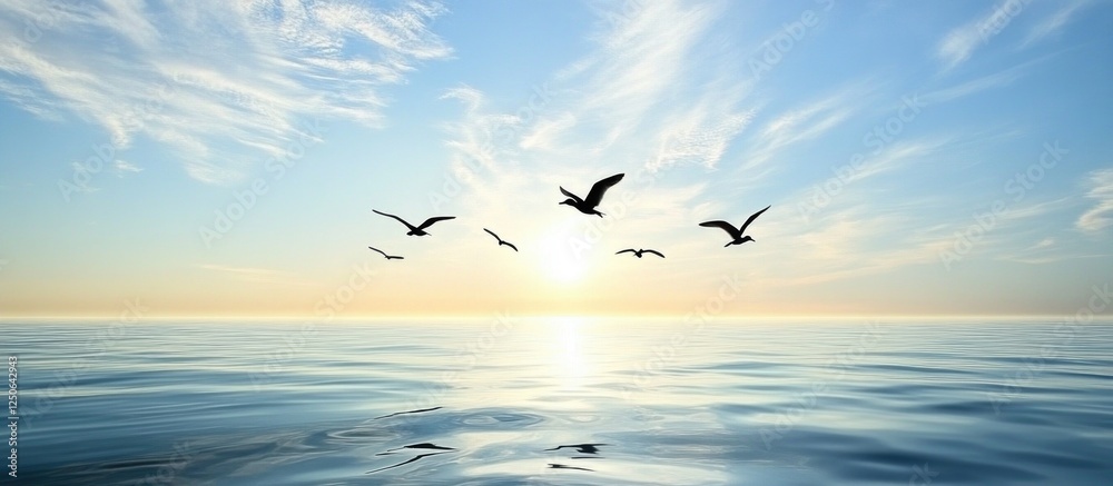 Poster Serene seascape at sunset with birds in flight against a backdrop of soft clouds and tranquil waters creating a feeling of infinity.