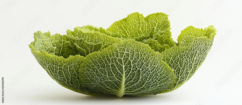Poster Savoy cabbage close-up with intricate leaf textures on a clean white background for food and culinary use