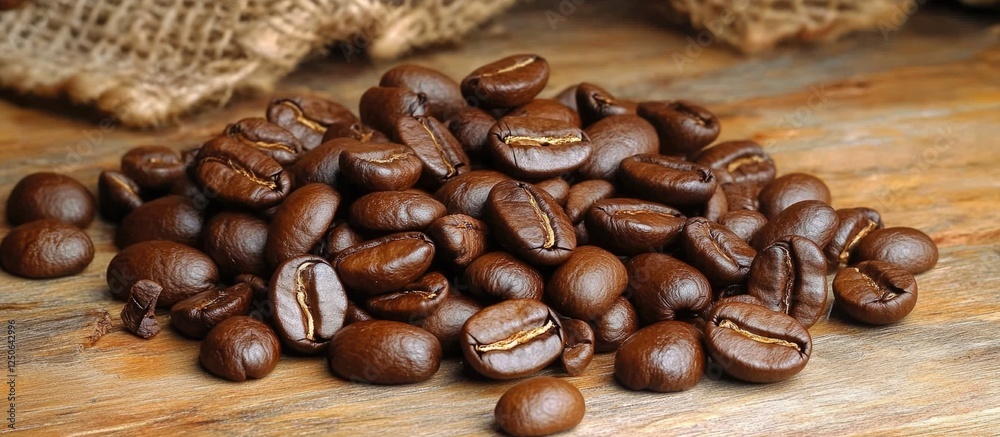 Poster rich roasted coffee beans arranged on a rustic wooden surface with burlap accents for a warm and inv