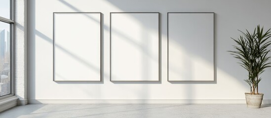 Organic Minimalist Home Interior Mockup Featuring Three Blank Frames and Indoor Plant in Bright Natural Light