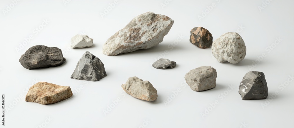 Poster variety of natural rocks arranged on a clean white background showcasing different shapes and textur