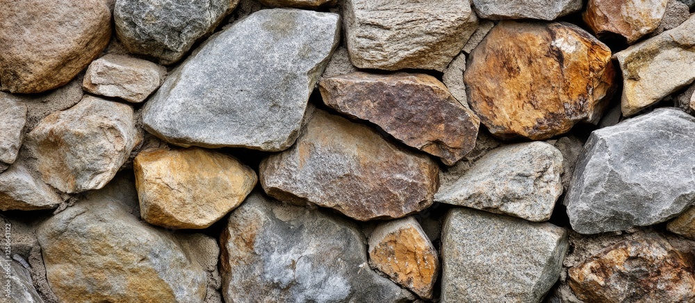 Poster Textured stone wall with varied colors and sizes in selective focus, showcasing natural materials and craftsmanship in a rustic setting.