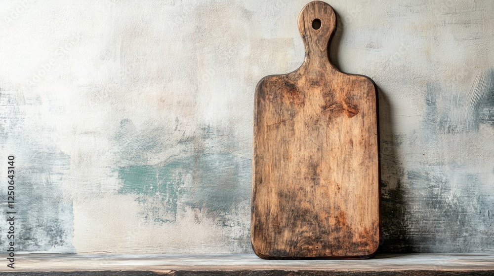 Poster Rustic wooden cutting board with textured wall background perfect for displaying dishes or culinary creations in a cozy setting