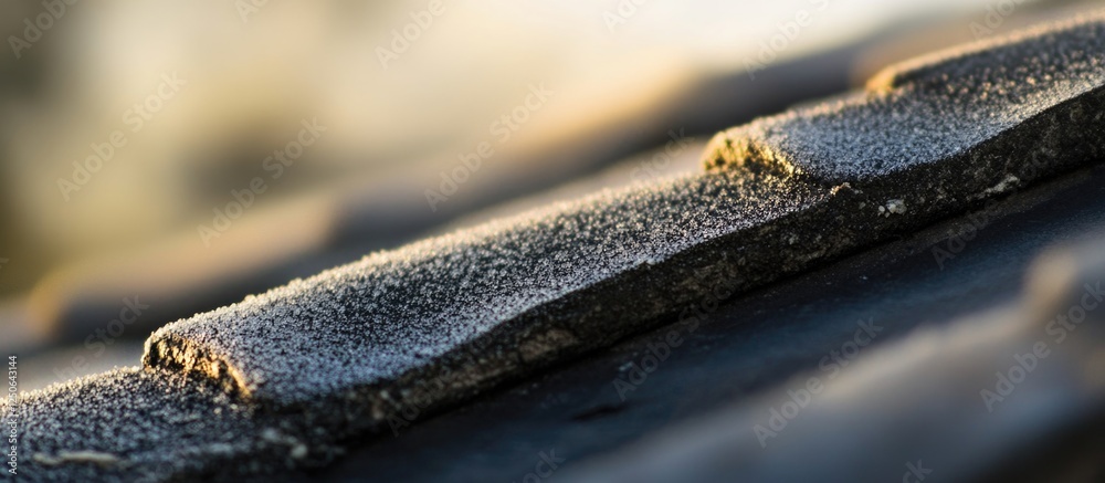 Poster slate grey ceramic roof tile texture with frost detailing on a blurred background, ideal for archite