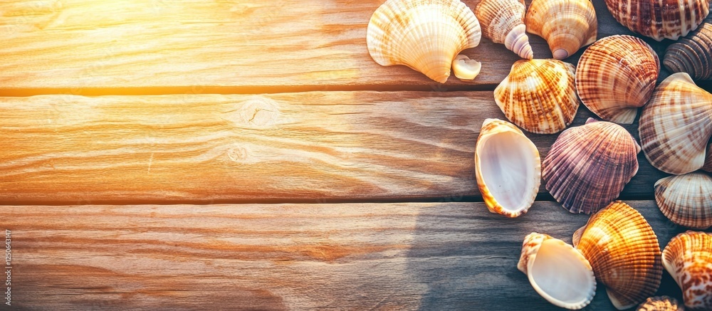Aufkleber Various colorful sea shells arranged on a rustic wooden table with warm sunlight illuminating the scene creating a coastal atmosphere.