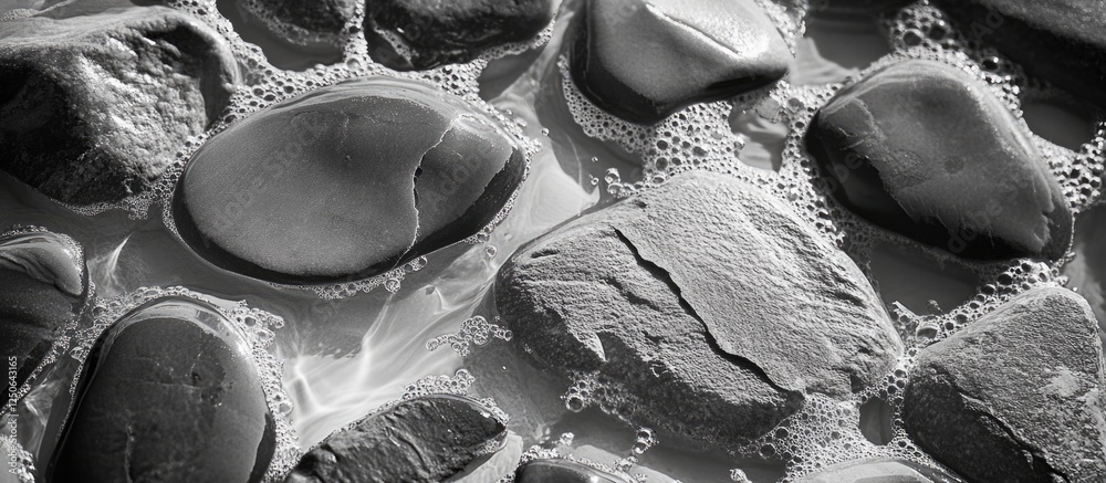 Poster rocky beach closeup in black and white featuring smooth stones and gentle waves splashing over the s
