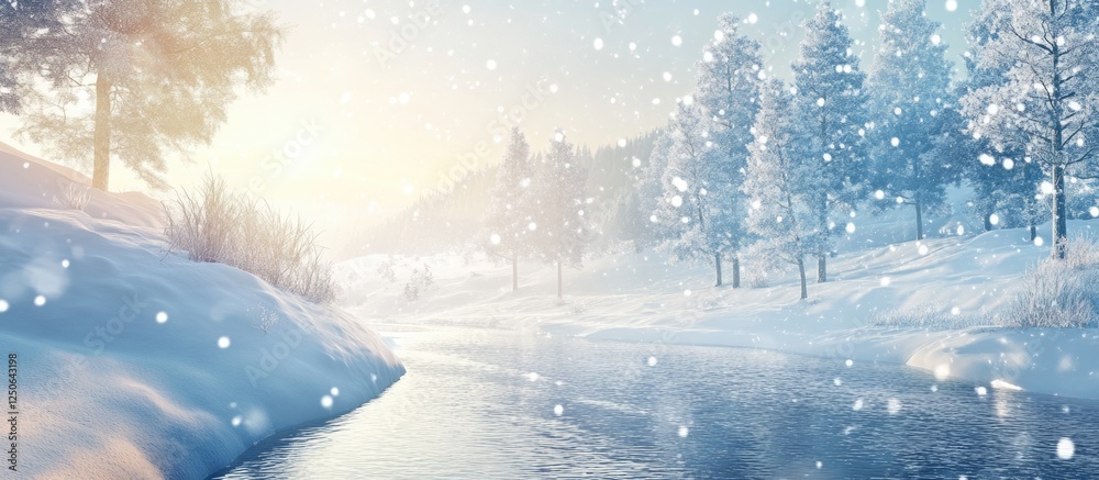 Poster Winter landscape with snowy river and trees under bright sunlight creating a serene and tranquil atmosphere in a pristine natural setting