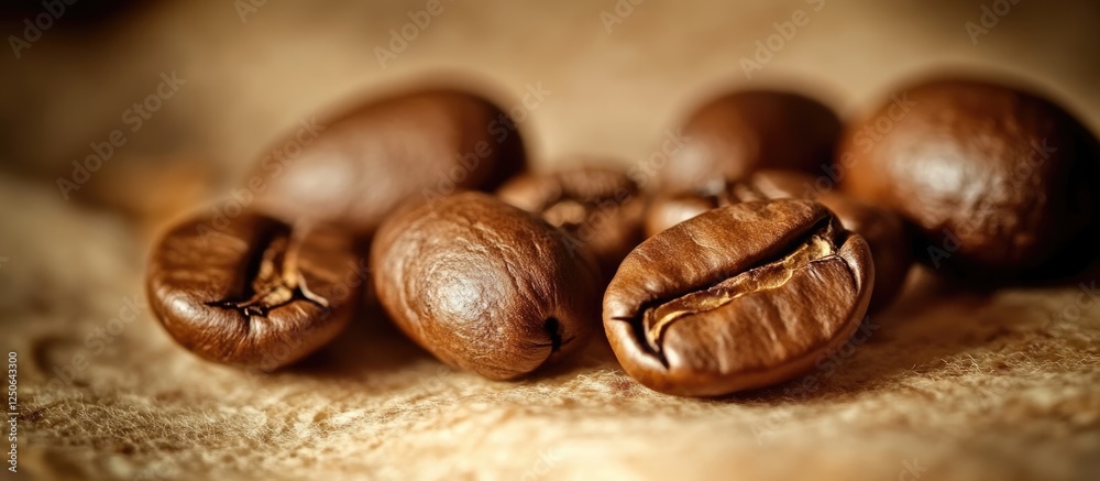 Poster roasted coffee beans on textured surface with warm tones ideal for coffee-related advertisements and