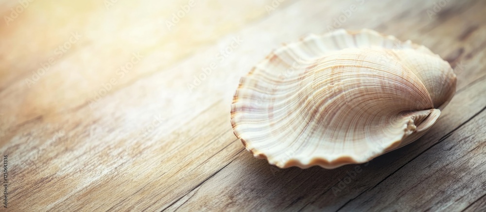 Aufkleber Seashell resting on a rustic wooden table creating a serene coastal aesthetic perfect for beach and nature themes