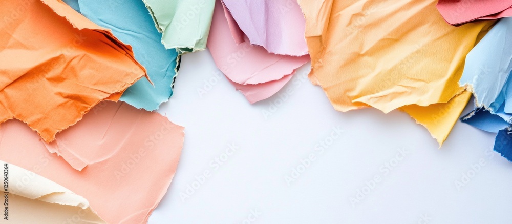 Poster Colorful scrapbooking paper arranged with folds and creases on a clean white background creating a vibrant artistic layout