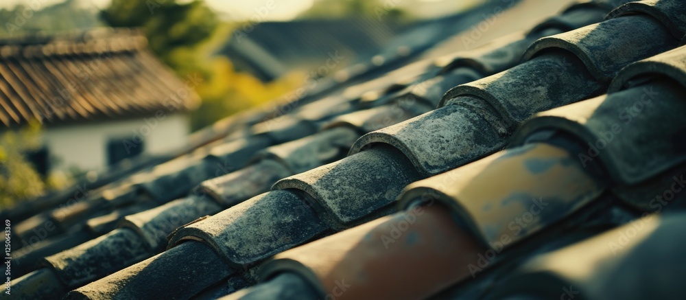 Poster aesthetic close-up of weathered roof tiles showcasing texture and colors in natural light. ideal for