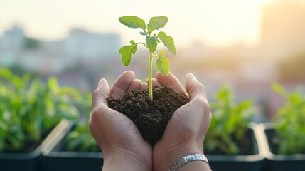 Urban Green Revolution Soil-Cradled Tomato Seedling in Planter Boxes for Rooftop Gardening - Sustainable City Living and Organic Produce Solutions