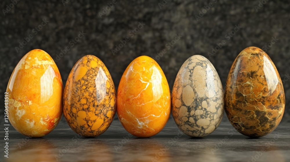 Poster rustic collection of beautifully speckled golden and yellow decorative eggs arranged on a dark textu