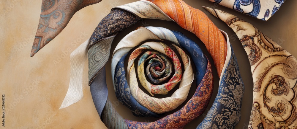 Poster Rolled up ties arranged in a spiral formation on a textured background showcasing patterns and colors in a visually captivating design.