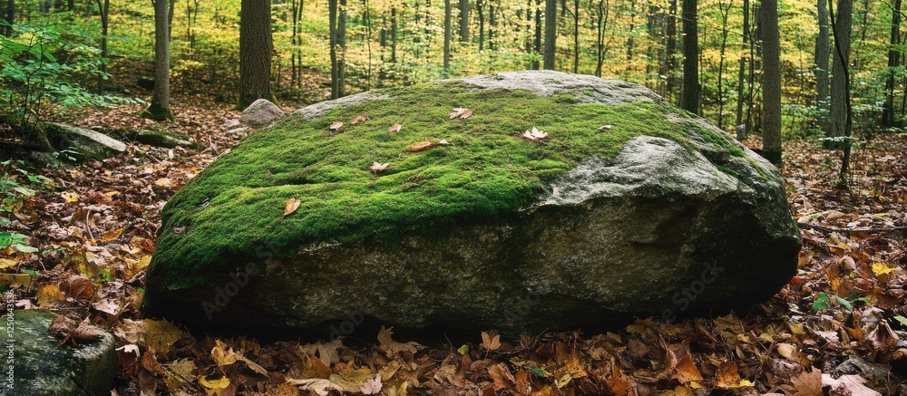 Poster Mossy rock in tranquil forest setting surrounded by autumn foliage and trees creating a serene natural landscape atmosphere.